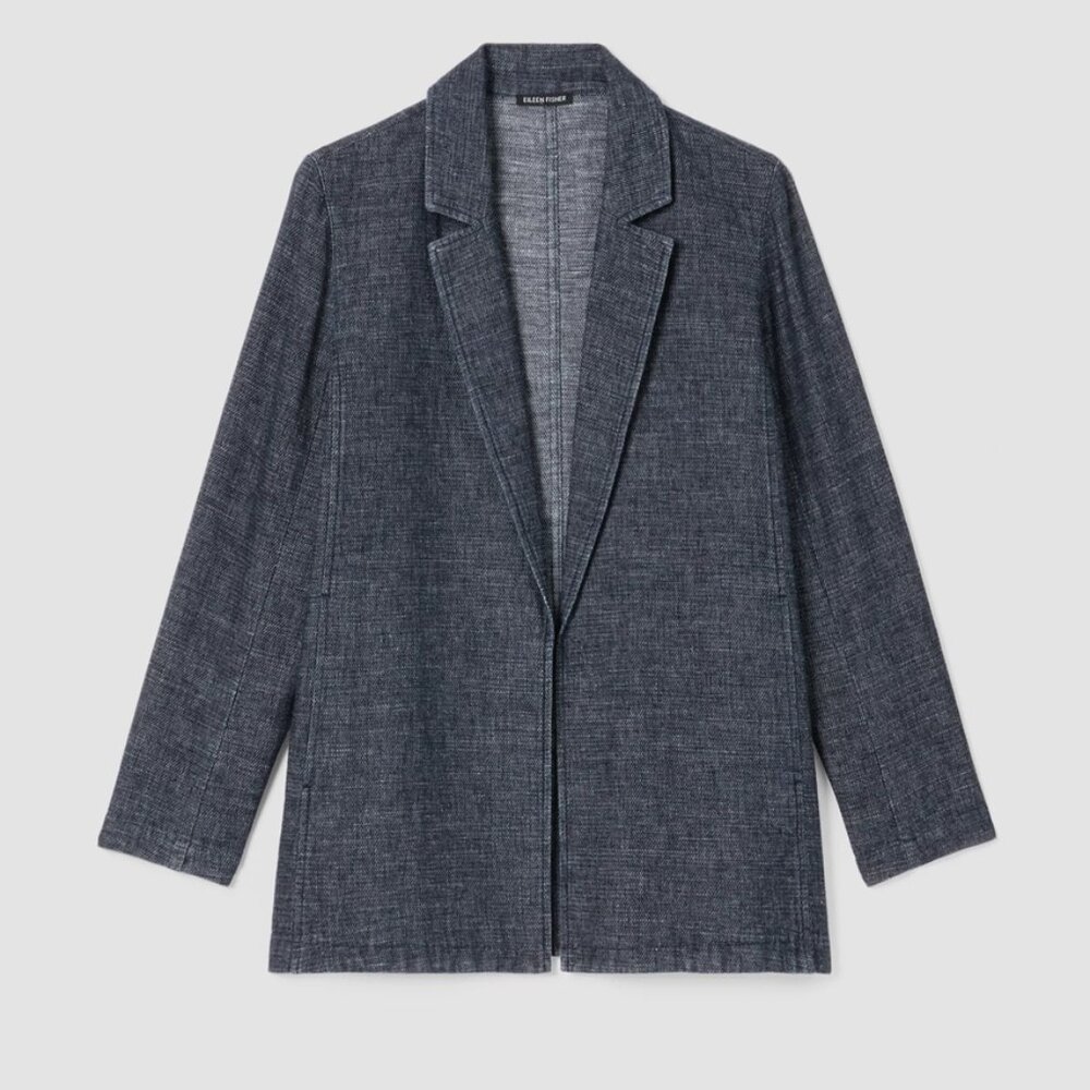EILEEN FISHER Tweedy Hemp Cotton Long Blazer, Denim, Size Small
